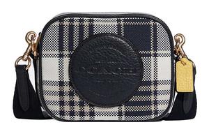 COACH Кожаная фотосумка через плечо миниатюрная женская в темно-синем и белом цветах