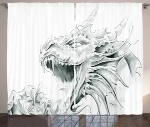 Штора ABAKUHAUS Дракон в деревенском стиле, эскиз на тему средневекового мифа, универсальная ленточная штора для гостиной с петлями и крючками, 280 x 225 см, светло-серо-белый цвет Abakuhaus