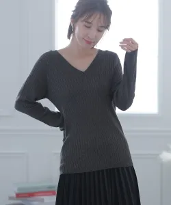 Трикотажный топ с V-образным вырезом в рубчик, элегантный крой, длинные рукава, рукава 3/4, женский Pourvous, цвет Heather Gray