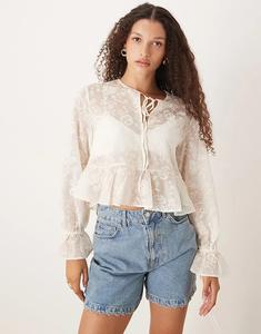 Бежевый лонгслив Mango с длинными рукавами и завязкой на вороте, вышитый