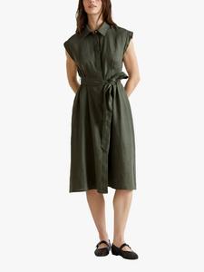 Бесплатное платье-рубашка из чистого льна с завязкой на талии Benetton, Mid Green