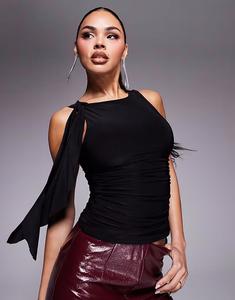 Эксклюзивный двухслойный топ Kaiia без рукавов с драпировкой и сборками черного цвета