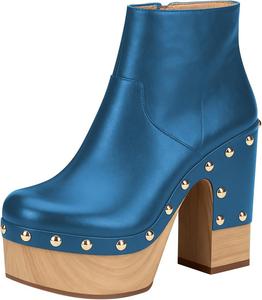 Женские деревянные ботильоны FSJ на массивном каблуке, с платформой, круглым носком, заклепками, боковой молнией, повседневные и нарядные, размеры 4-16 США, Blue