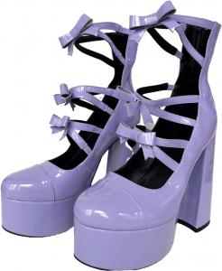 Frankie Hsu Lolita Женский большой размер с бантом Черная лакированная платформа Массивные блоковые каблуки Ботинки на каблуках на щиколотке Обувь, Purple