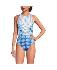 Женский цельнокроеный купальник с высоким горлом и портретной спинкой без затяжек Lands' End, фиолетовый