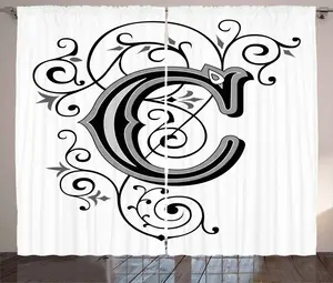 Штора ABAKUHAUS Буква С в деревенском стиле, готическая винтажная капитель, присборенная штора из тесьмы для спальни с петлями и крючками, 280 x 245 см, цвет: черный, белый, серый Abakuhaus