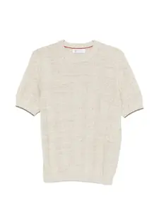 Джемпер в рубчик с короткими рукавами Brunello Cucinelli, бежевый