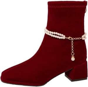 Fusecottc Красные модные ботильоны для женщин. Мягкие и удобные. Резиновая подошва. Застежка-молния. Боковое украшение-подвеска.