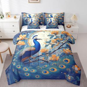 Erosebridal 3D комплект постельного белья Peacock с желтым цветочным принтом и синими перьями павлина для подростков, Blue and Yellow