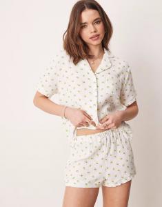 Комплект из хлопковой рубашки с короткими рукавами и короткой пижамы цвета слоновой кости с принтом лимона Loungeable