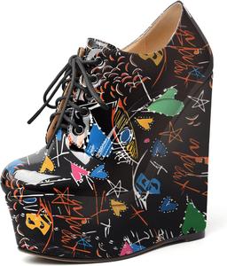 Женские ботильоны AUMOTED на танкетке, круглый носок, платформенные короткие ботинки, для свиданий, из лакированной кожи, с шнуровкой, на танкетке 15 см, на молнии, удобные, Graffiti