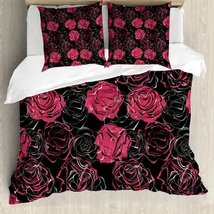 Комплект постельного белья ABAKUHAUS с цветочным рисунком для двуспальной кровати, розовый оттенок Bloom Art, защита от клещей, подходит для аллергиков, с наволочками, цвет антрацитовый серый/пурпурный Abakuhaus