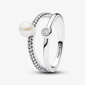 Кольцо Pandora Timeless Treated Freshwater Cultured Pearl & Pave Double Band, серебро
