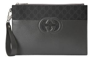 GUCCI Холщовая сумка-клатч с кожаными вставками мужская черно-серая
