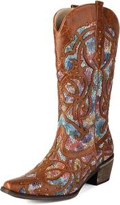 Женские ежедневные ковбойские ботинки Slip On с вышивкой и заклепками Generic, Brown