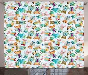 Штора для детского сада ABAKUHAUS в деревенском стиле, забавное изображение ветеринара, универсальные шторы из тесьмы для гостиной с петлями и крючками, 280 x 225 см, нежно-голубой с разноцветным рисунком Abakuhaus