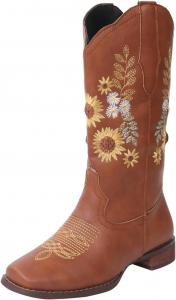 Женские ковбойские сапоги Ladmiple, широкий голень, высокие до колена, вышивка, на толстом каблуке, до середины голени, свадебные, Zi-Brown