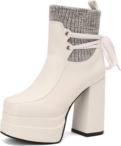 Женские новые французские короткие ботинки с толстой подошвой, толстым каблуком, водонепроницаемой платформой, квадратным носком и высокими каблуками Vinversoesw, White