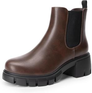 Женские эластичные ботильоны DREAM PAIRS Chelsea на платформе с низким широким каблуком и грубой подошвой, на осень, с удобным надеванием, Brown