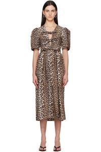 Ganni Платье миди из коричневого хлопка с принтом