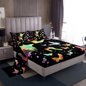 Erosebridal Комплект постельного белья Kitten Bed Sheets с градиентным тай-даем в водяных бабочках и милыми котиками, Multi 37