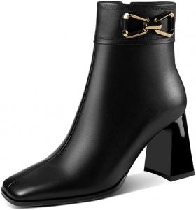 Женские ботильоны TinaCus с квадратным носком из натуральной кожи, ручной работы, с металлической пряжкой, высоким массивным каблуком и боковой молнией, стильные, Black