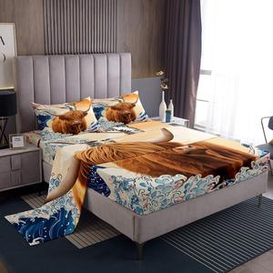 Erosebridal Комплект постельного белья в японском стиле с милыми котиками, коровами хайленд и цветущей сакурой, Brown Navy Beige