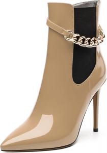 Женские ботильоны, короткие ботинки с высоким каблуком и заостренным носком, боковая молния, модный ремешок с цепочкой RLYGHWAO, Nude Patent