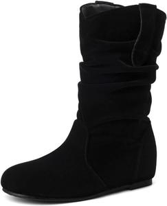 Женские сапоги AngryMonkey с широким носком, средней высоты, на плоской подошве, из искусственной кожи с эффектом складок, зимние ботинки без застежки до колена, большие размеры, ковбойский стиль, Suede Black