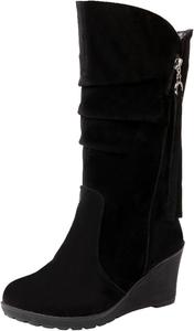 Сапоги DINTAHA на танкетке из искусственной замши с мягкой посадкой до середины икры для осени и зимы, Black