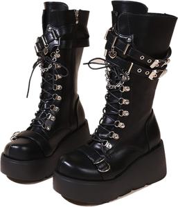 Женские ботильоны на платформе до середины икры в готическом и панк стиле, боевые сникеры на толстом высоком каблуке с шнуровкой и боковой молнией, зимние ботинки Generic, Black