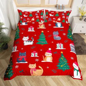 Erosebridal Комплект постельного белья Kawaii Little Cat с рождественской тематикой и милыми котятами в красной расцветке, Green Grey Red White Red