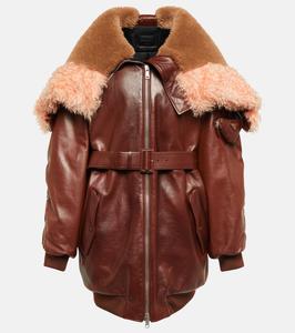 Кожаное пальто с отделкой из мохера и овчины Prada, Tobacco