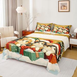 Erosebridal Комплект постельного белья с новогодним принтом милых котов и диких животных, Yellow Green Brown