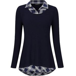 Женская блуза с длинным рукавом и контрастным воротником Clearflower, Navy Blue Plaid