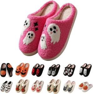 Мужские и женские тапочки на Хэллоуин, милые мягкие плюшевые тапочки с мультяшным рисунком, домашние тапочки без застежек, утепленные мехом, противоскользящие для дома и улицы, мягкие и уютные тапочки для спальни Rianclud, B-Multicolor 03