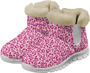 Gekhuqory Женские зимние снегоходные сапоги с принтом коровы и леопарда, теплые, с нескользящей подошвой, короткие ботильоны с меховой отделкой, удобные плюшевые сапоги с меховой подкладкой для путешествий и походов