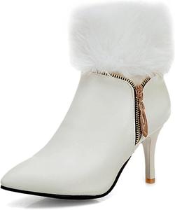 Женские зимние теплые меховые элегантные ботильоны с острым носком, на молнии, на высоком каблуке-кубике, короткие снегоступы JOEUSTY, Beige