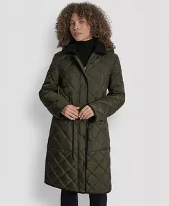 Женское стеганое пальто-анорак с вельветовым воротником DKNY, зеленый