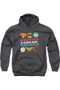 Толстовка с капюшоном для молодежи с пиксельными логотипами Justice League of America Gildan, Charcoal