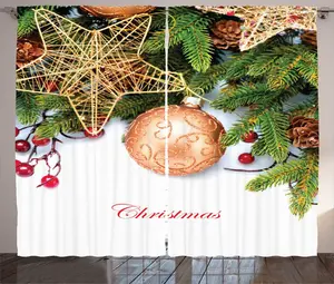 Рождественская штора в деревенском стиле от ABAKUHAUS, звезда Holly Berry, присборенная тесьма для спальни с петлями и крючками, 280 x 245 см, цвет: умбра, рубиновый, изумрудный