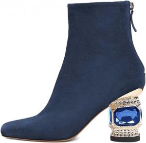 Женские ботильоны XYD с низким средним широким каблуком, кристаллическим украшением, закрытым квадратным носком, короткие с молнией сзади, для вечеринок, бальных танцев и нарядной одежды, Navy-Suede