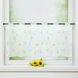 Шторы-кафе Voile с вышитым рисунком листьев, прозрачные, короткие, для кухни, белые/зеленые, 60 x 120 см Joyswahl