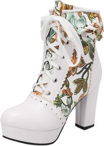 Женская мода: короткие ботильоны Лолита с высокими каблуками 9,5 см, круглый носок, платформа, лаконичные шнурки, многоцветная цветочная печать, для вечеринок, размер US4-US15, модель 998-14-18 LYYSKY, Green(998-16)