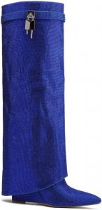 Frankie Hsu Фрэнки Хсу Дизайнер моды Современные сексуальные женские и мужские ботинки «Акула» Большой размер Зеленая синтетическая кожа Босоножки на танкетке Сапоги до колена Каблук Длинные сапоги US4-14