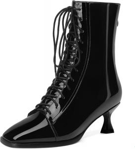 Женские ботинки MODENCOCO с квадратным носком, на молнии, шнуровке, из лакированной кожи, с низким каблуком-китен, высоким голенищем, 5 см, Black