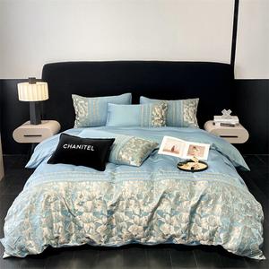 Комплект постельного белья Muji Light luxury 2.0, 4 предмета, 220х240/245х265 см, светло-голубой/лилии