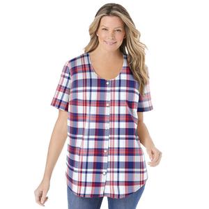 Женщина в женской бейсбольной рубашке из жатого хлопка больших размеров Woman Within, цвет Red White Blue Plaid
