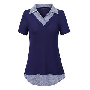 Женская блуза с коротким рукавом и контрастным воротником Clearflower, Navy Blue Stripes