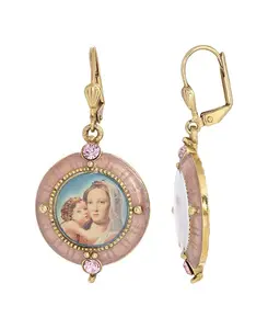 Серьги с изображением Марии и младенца, покрытые 14-каратным золотом и кристальной эмалью Symbols Of Faith, pink
